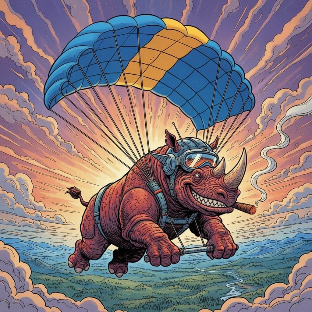 Grinning Rhino Skydiving with Cigar in Comic Style