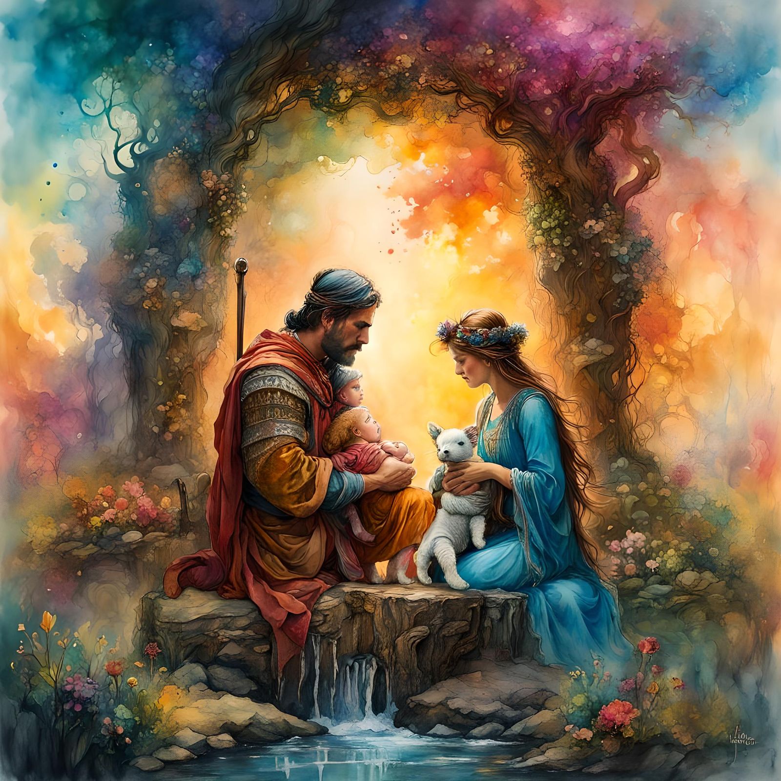 Proud Parents: Ink and Watercolor Aetherpunk Illustration