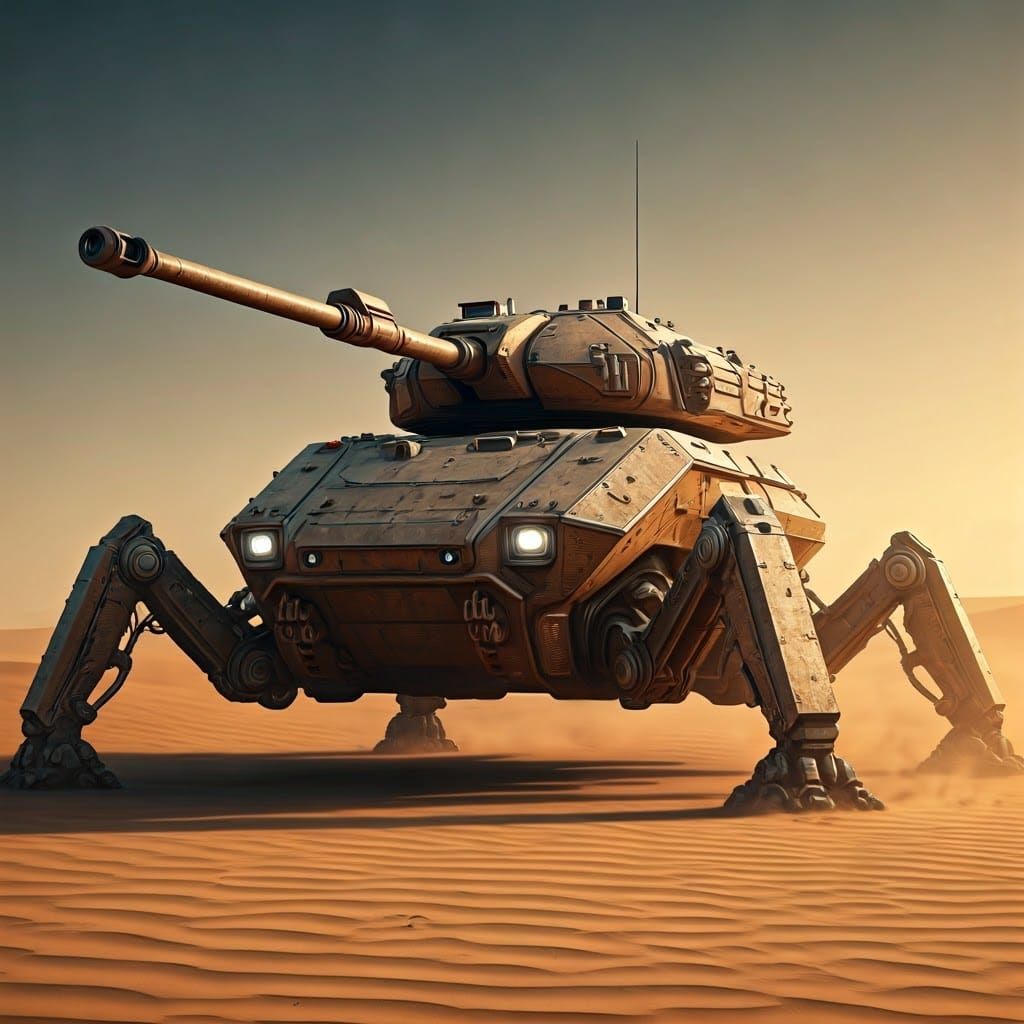Sci-Fi Crawler Tank in Arid Desert Landscape