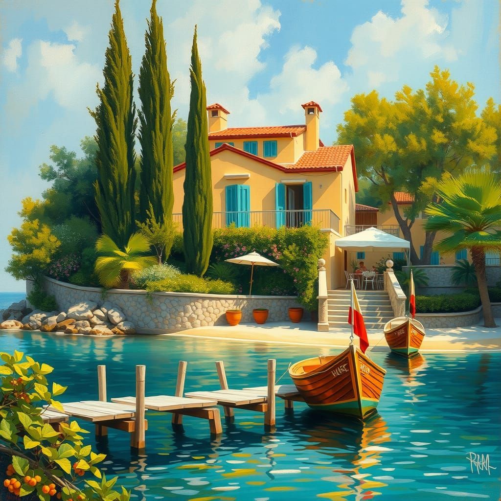 In the style of Renoir: A painting of a beautiful Mediterranean-style house located near a beach. The painting is a wate...