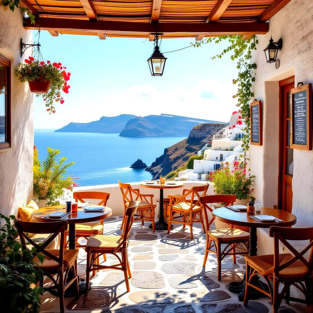 Seaside Cafe in Santorini, Photorealistic Landscape