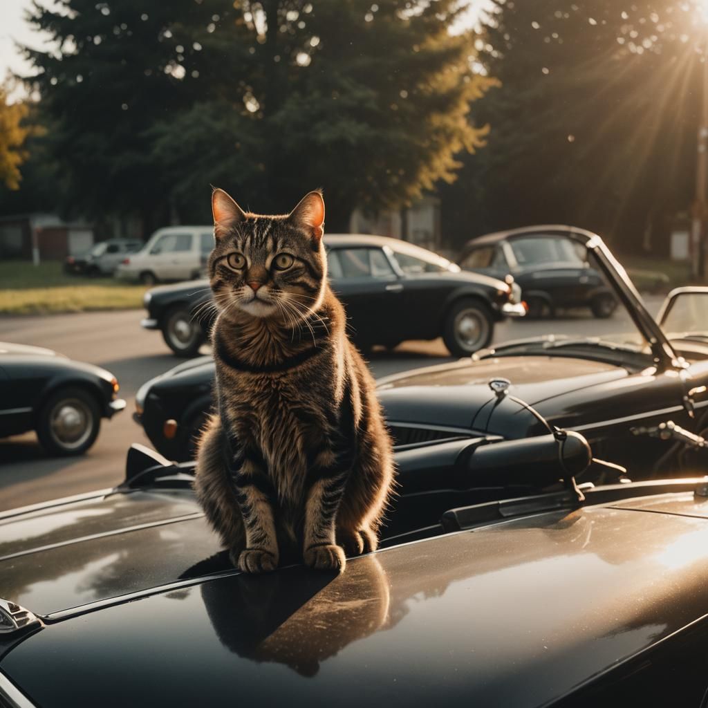 Cat on Black Roadster in Cinematic Film Still