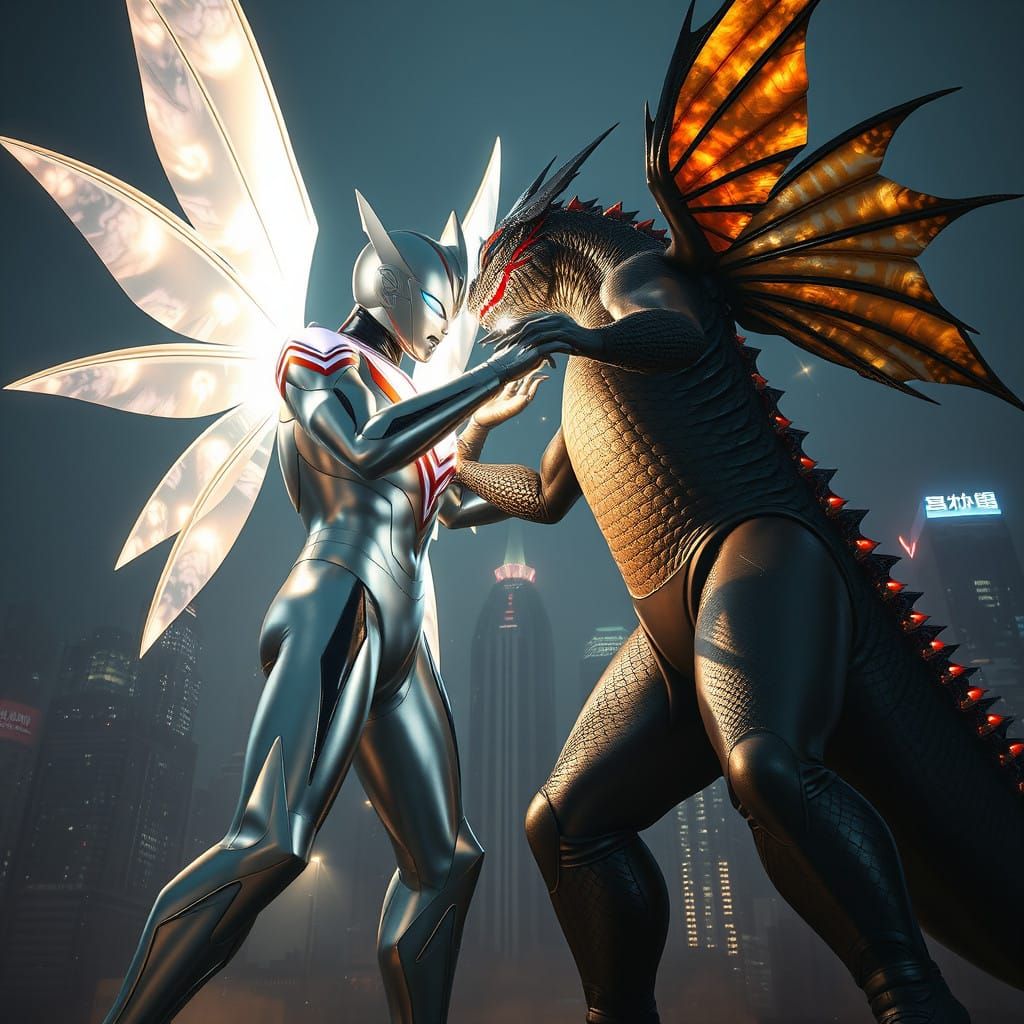 Epic Clash: Ultraman vs. Fairy-Winged Reptile Kaiju in Hyper...