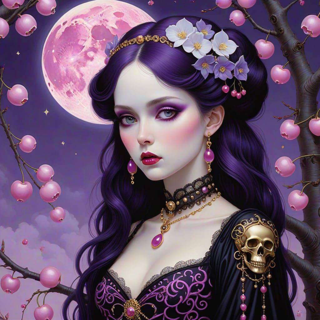 Gothic Woman under Cherry Moon in Macabre Style