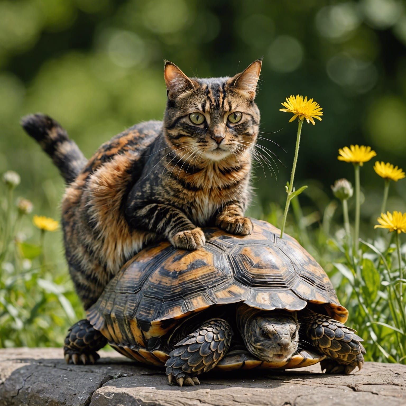 Cat Riding Tortoise Reaching for Dandelion