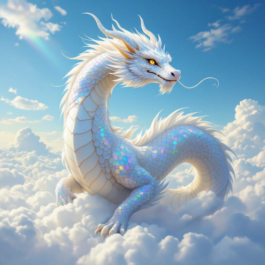 Pearl-White Dragon Soaring Above the Clouds