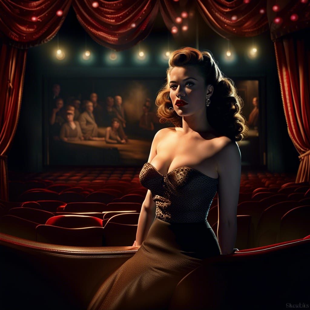 Dramatic Pinup Illustration of a Woman in Theater