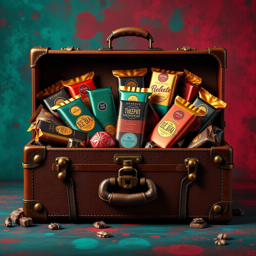 Luxurious Golden Chocolate Suitcase in Whimsical Fantasy Wor...