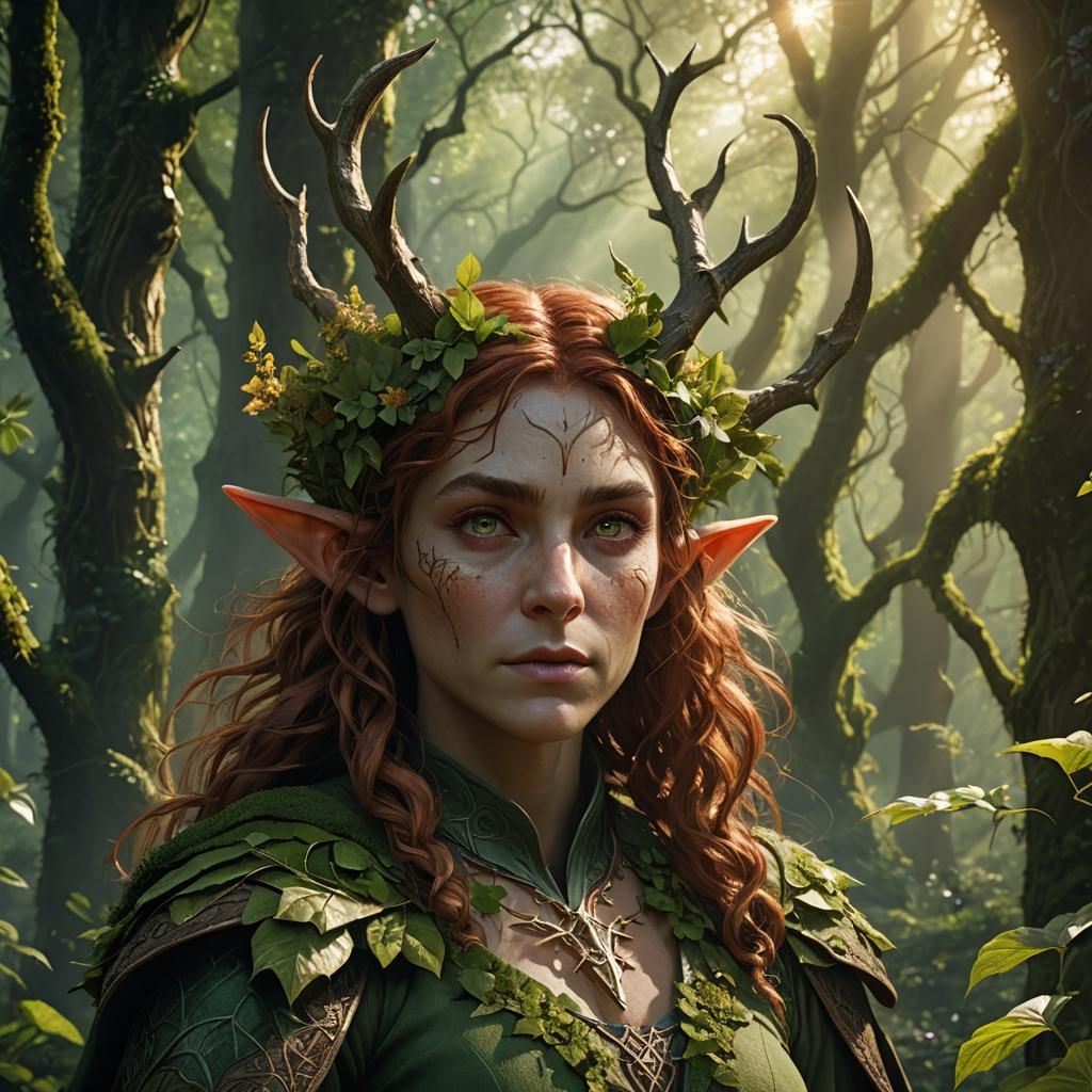Female Elf with Horns in Lush Forest: Splash Art