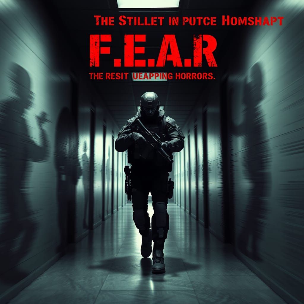 a game poster of A soldier walking slowly through a dark off...