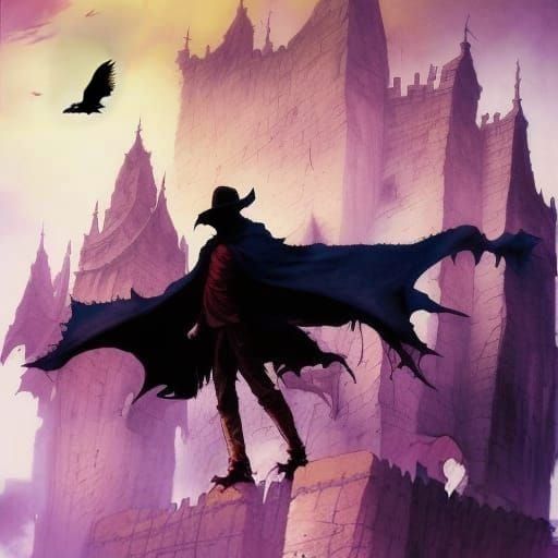 Raven Soaring Over Castle Wall: Dark Fantasy Art