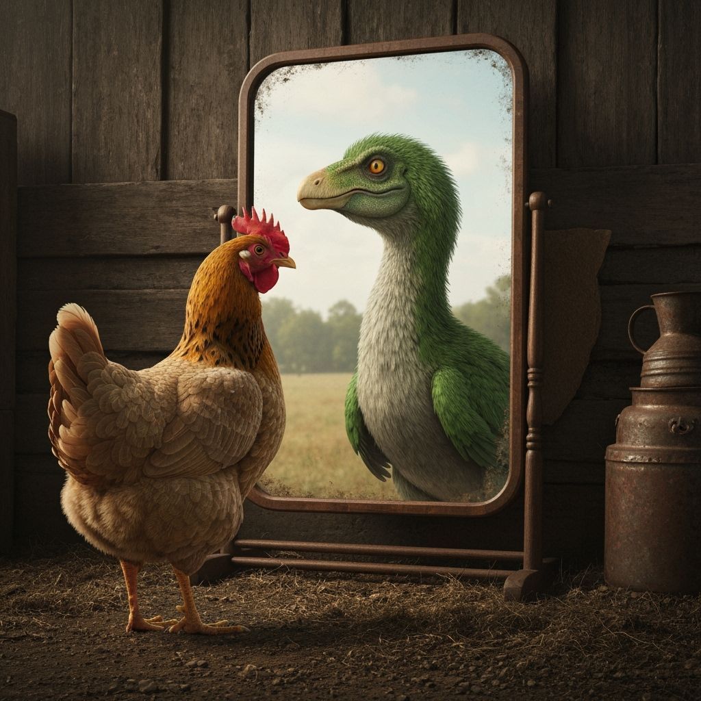 Chicken Sees Utahraptor in Mirror on Rustic Farm