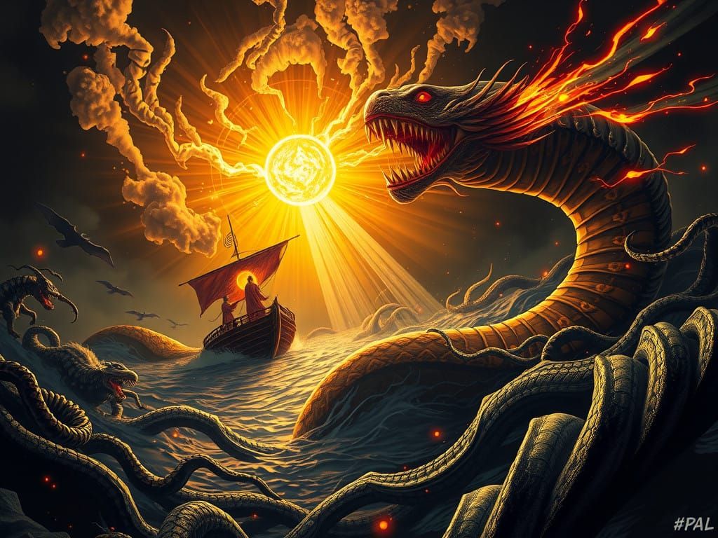 Egyptian God Ra Battles Cosmic Serpent Apep in a Solar Eclip...