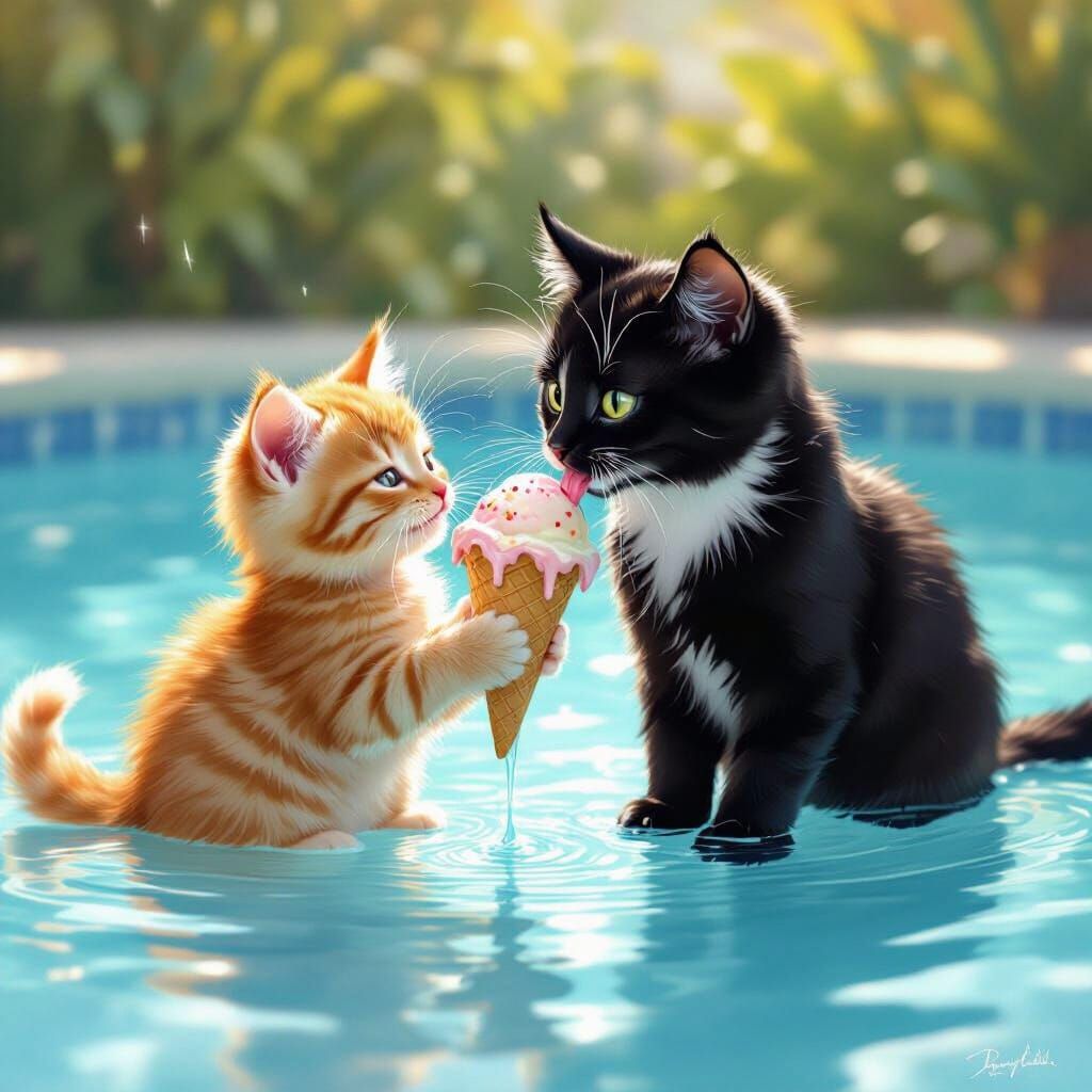 Kitten and Mom Share Ice Cream by Pool in Digital Painting S...
