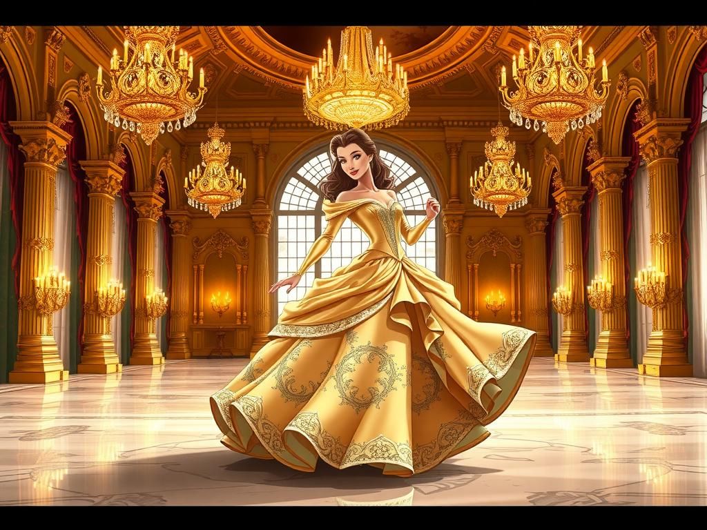 Regal Belle Dancing in Lavish Ballroom