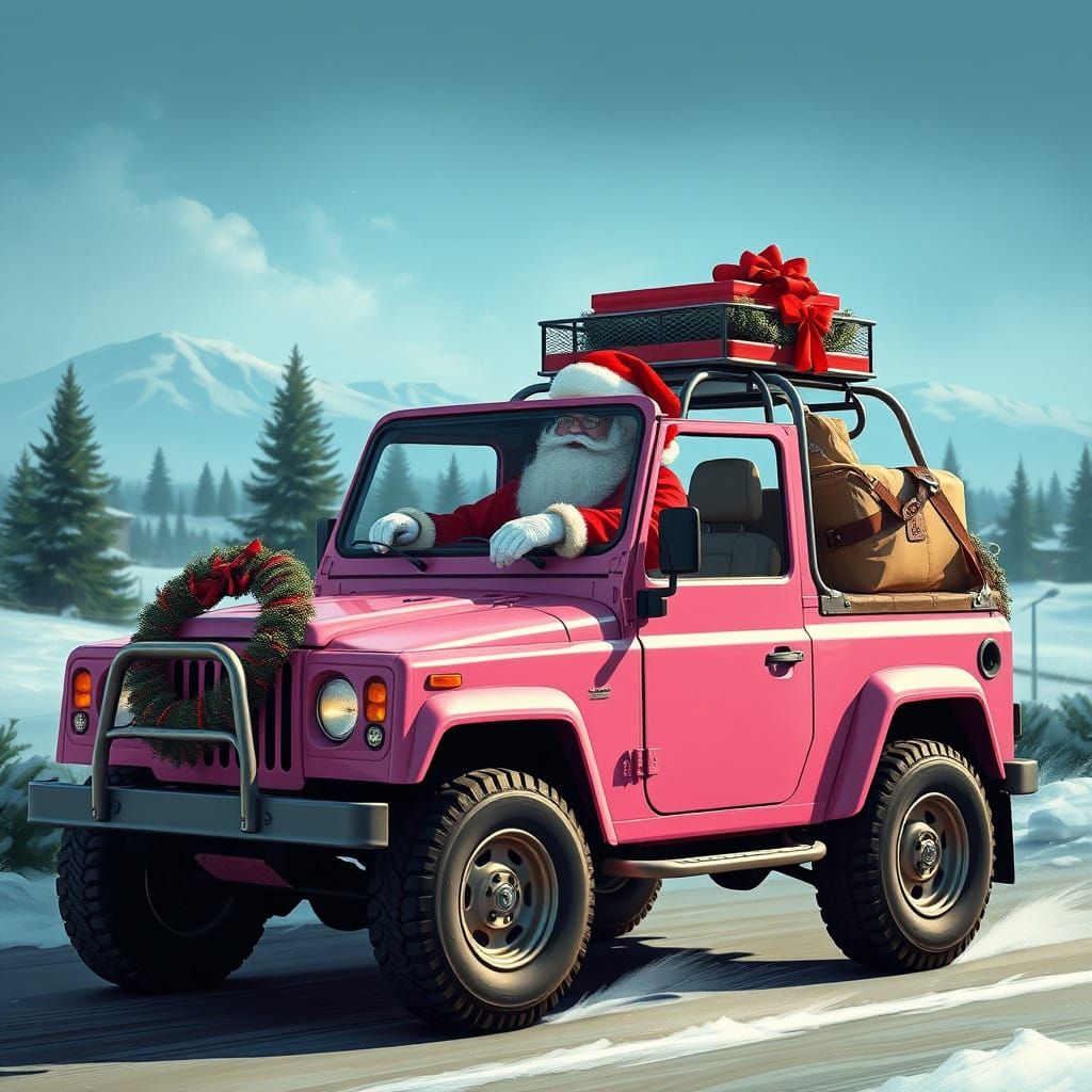 Jolly Saint Nicholas Cruises in a Vibrant Pink SUV