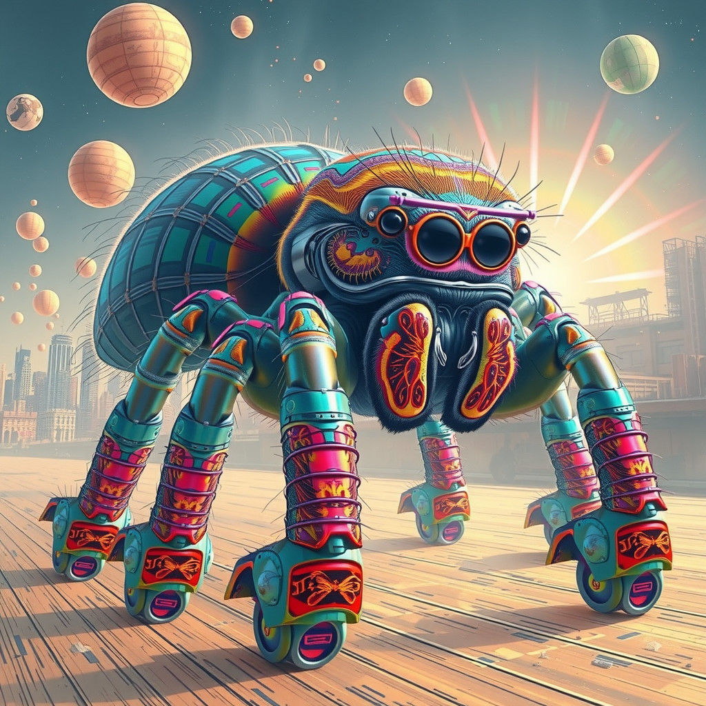 Cyberpunk Spider Soars Over Neon Roller Rink