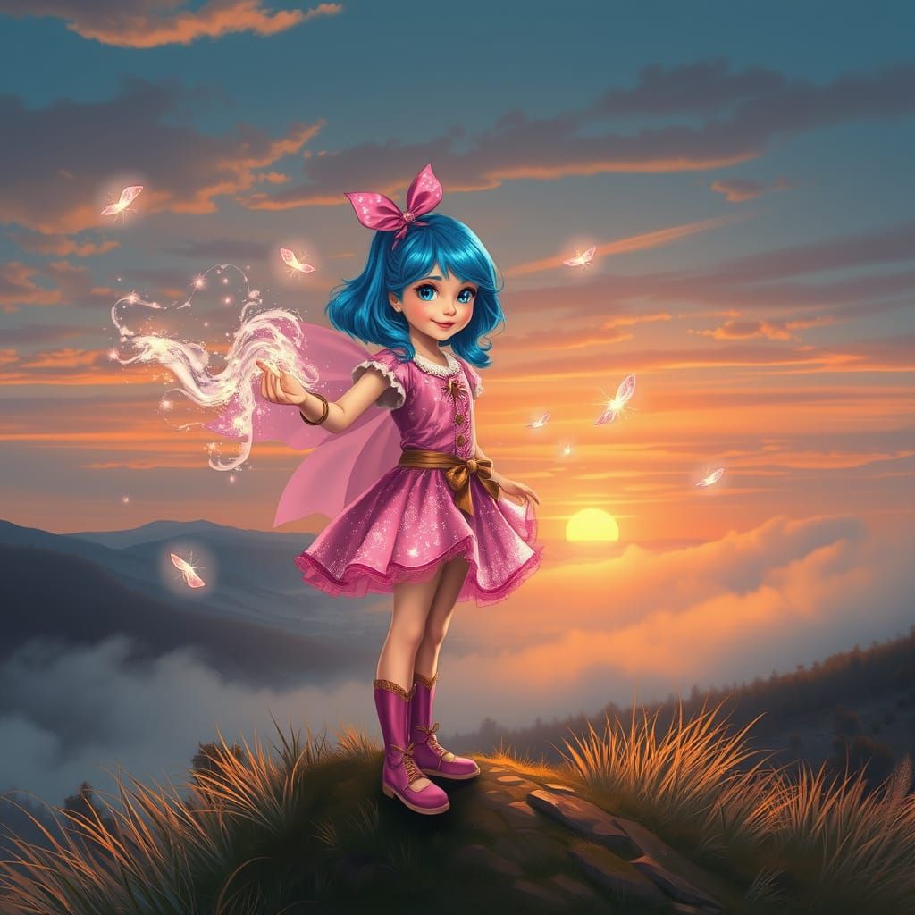 Magical Girl Conjures Energy on Misty Hilltop
