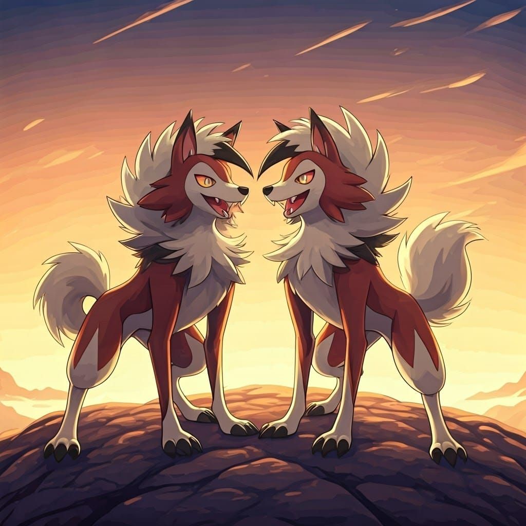 Lycanroc Pokémon Friends Bask in Sunset Joy