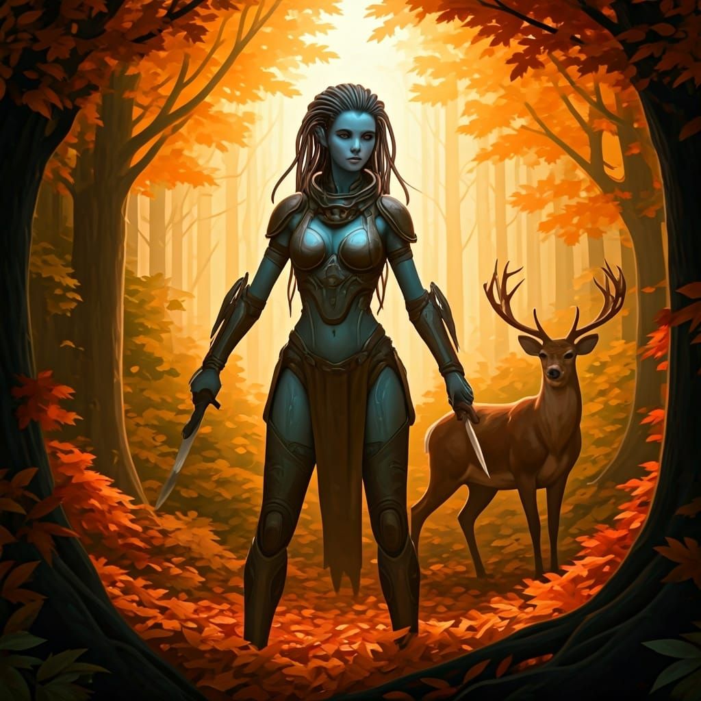 Alien Woman in Autumn Forest, Digital Illustration