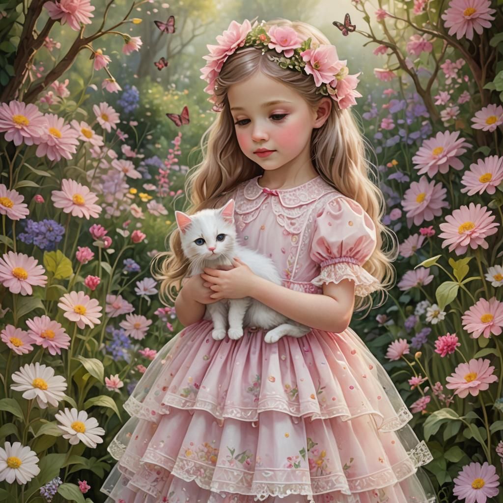 Whimsical Girl with Kitten in Fantasy Garden