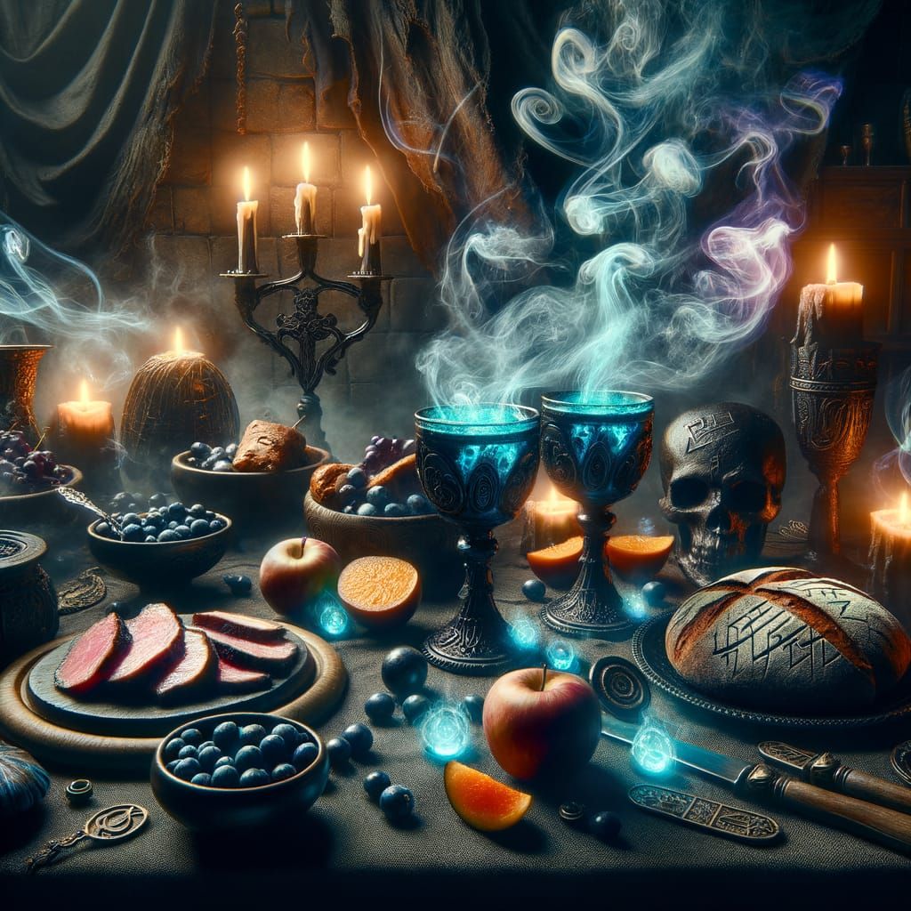 Gothic Banquet Scene with Enchanted Foods