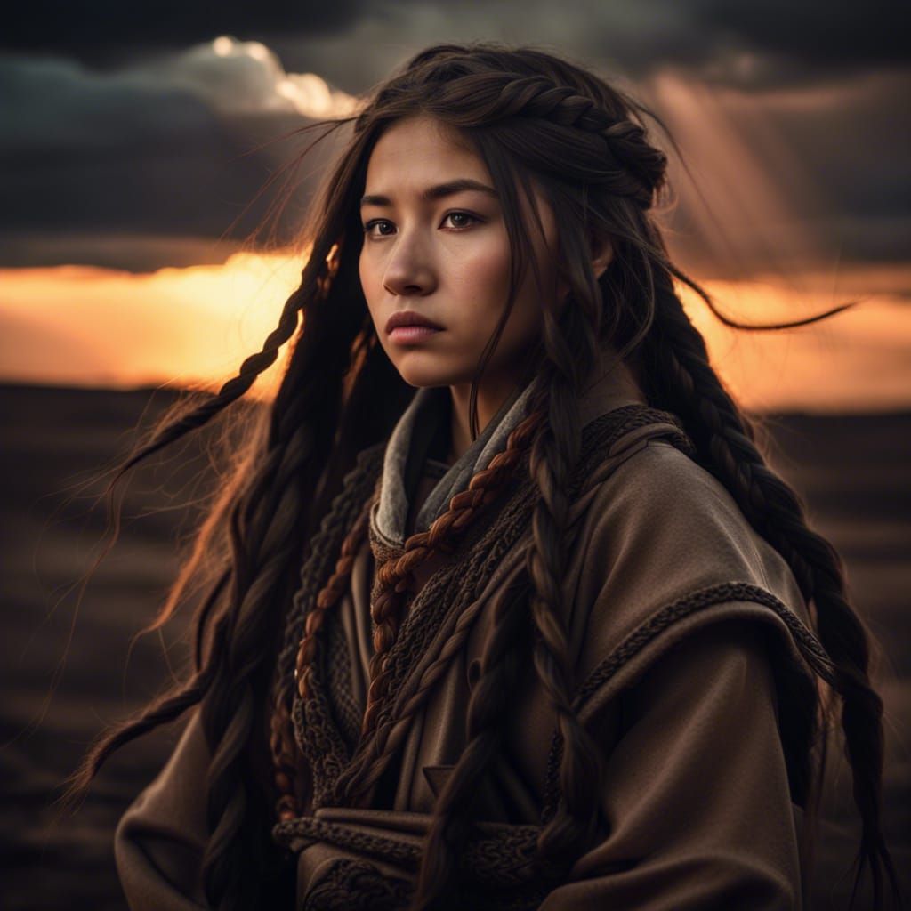 Pensive Mongol Girl at Sunset with Storm Clouds