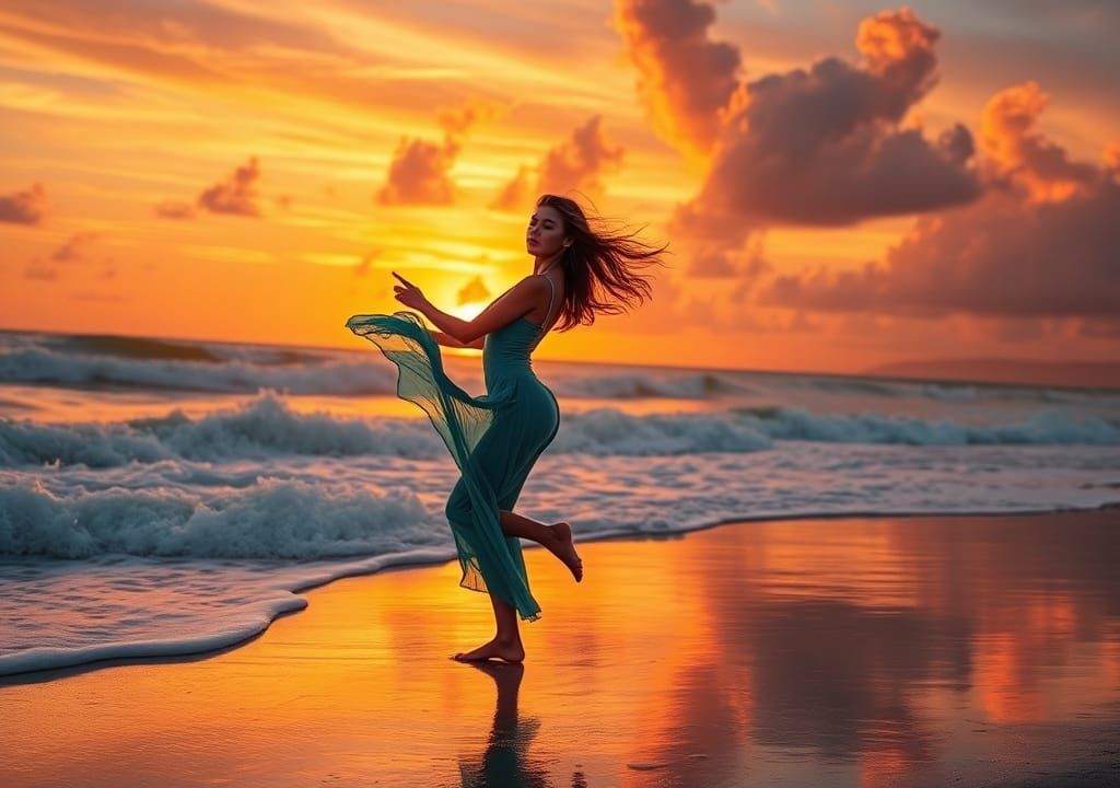 Coastal Sunset with Dancer in Golden Light