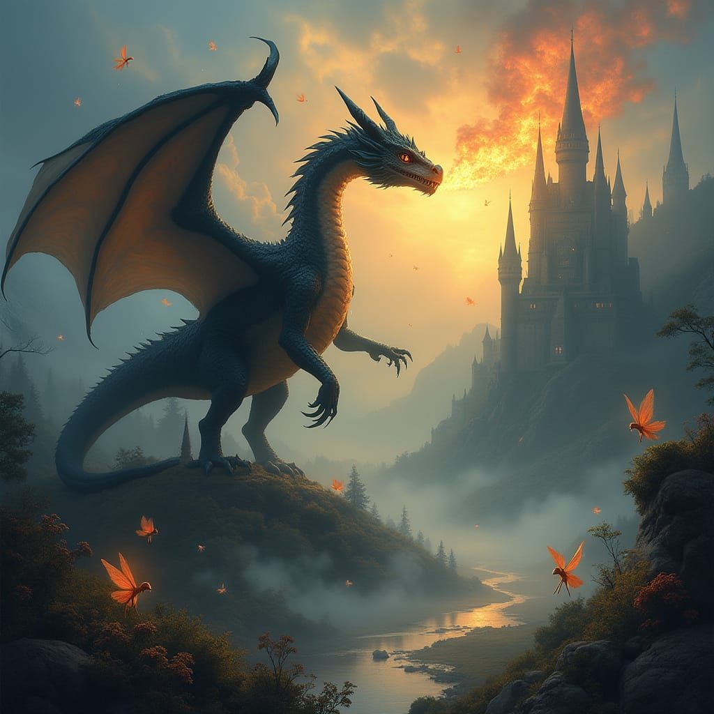 Black Diamond Dragon Breathes Amber Flames with Ethereal Fai...