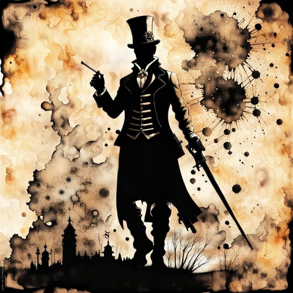 Steampunk Magician Silhouette in Ink and Watercolor
