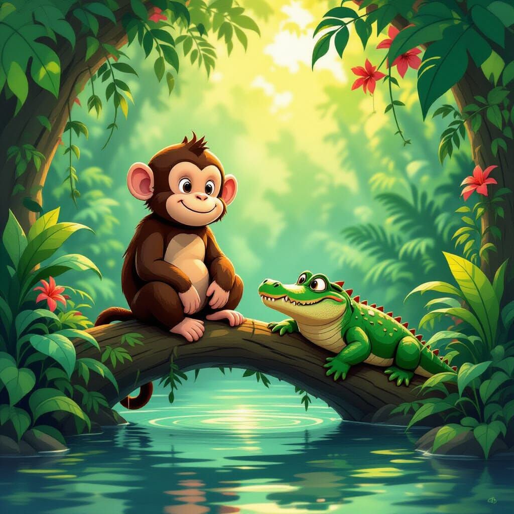 Friendly Monkey and Crocodile in Vibrant Jungle Digital Art