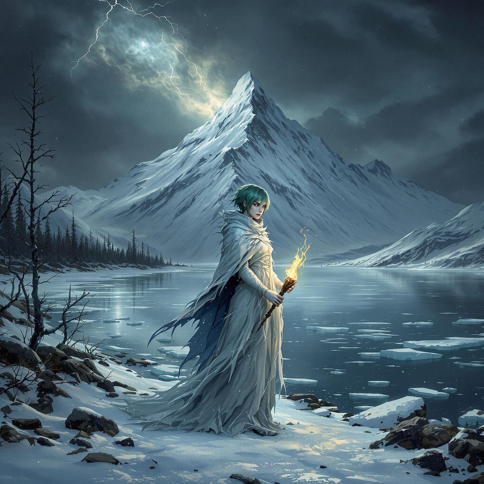 Mystical Figure in Frozen Landscape