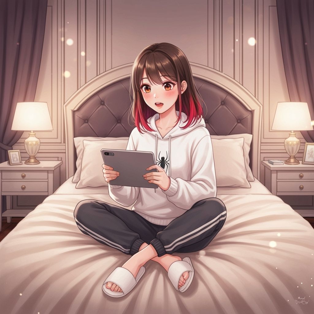 Girl on Bed Watching Tablet, in Digital Painting Style