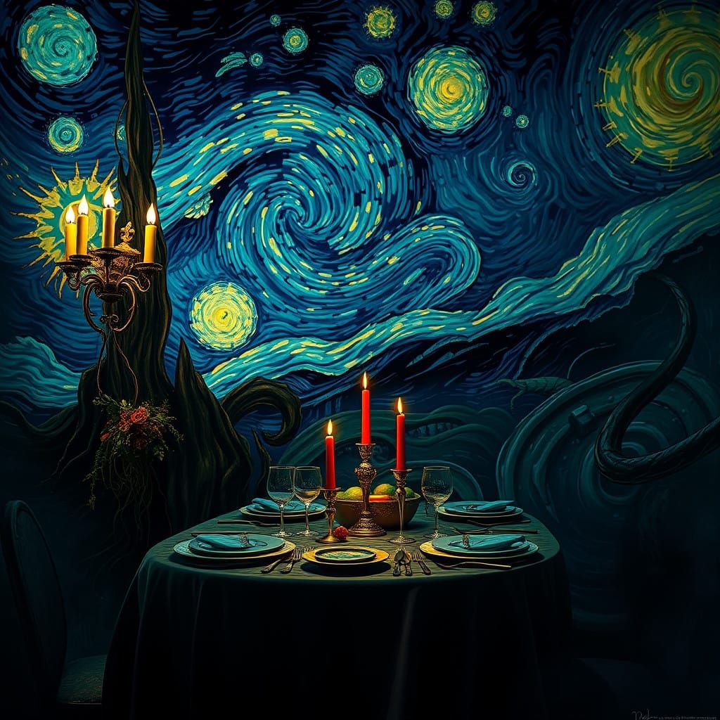 Ethereal Last Dinner Scene in Midnight Blues and Golds