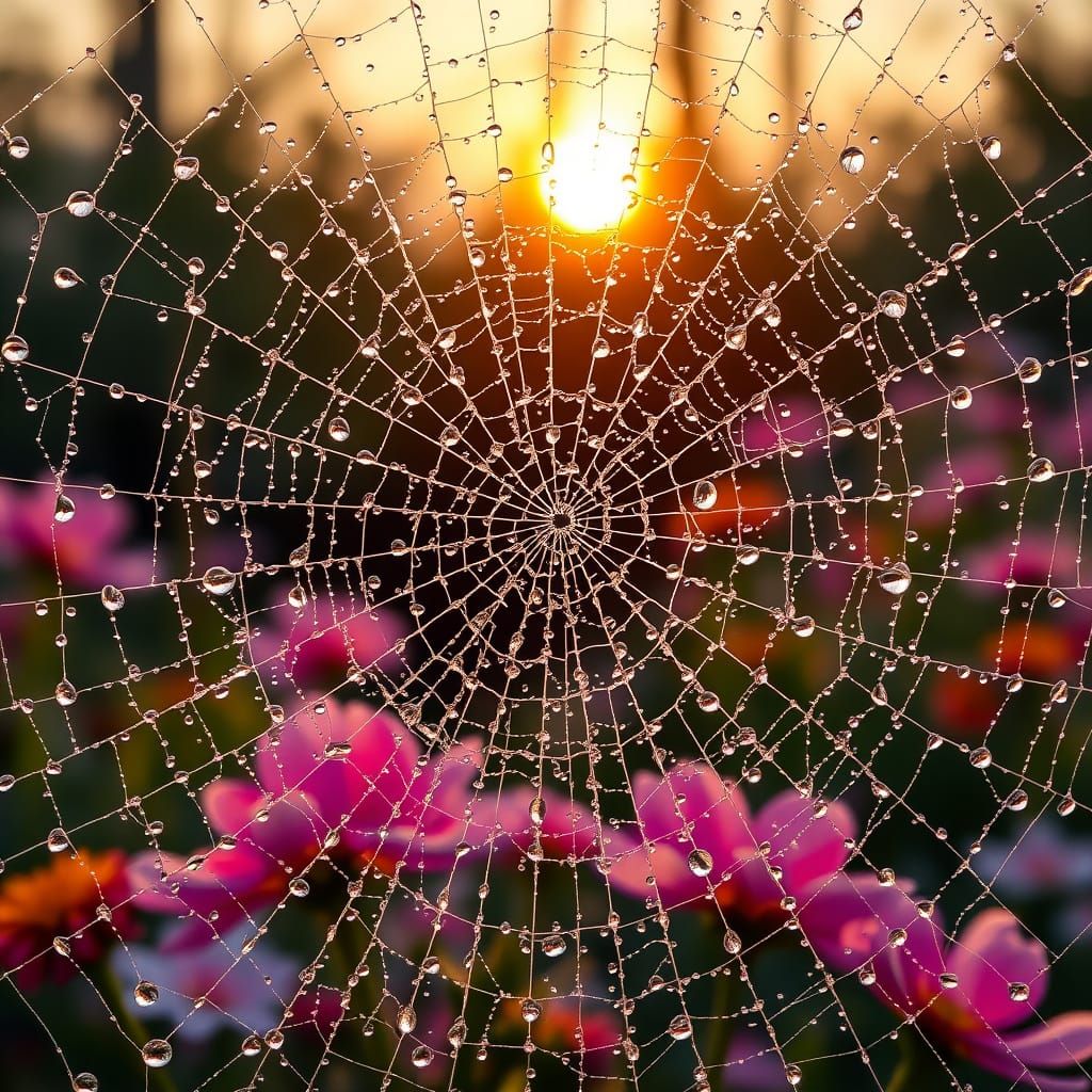 Dew-Covered Spiderweb Reflecting a Blossoming Garden