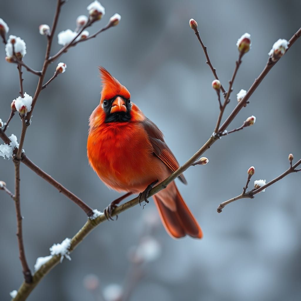 Vibrant Red Cardinal on a Snowy Branch in Early Spring