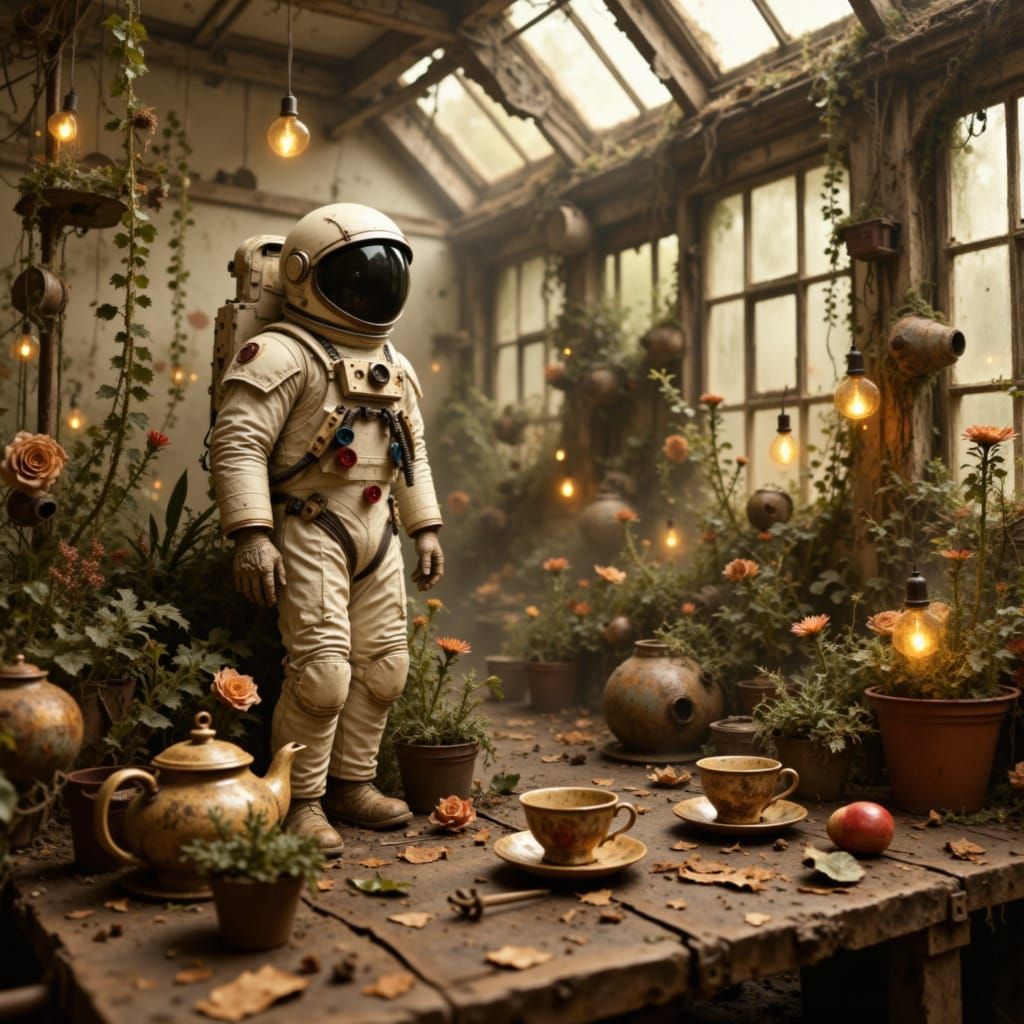 Astronaut Tends Glowing Plants in Abandoned Victorian Greenh...