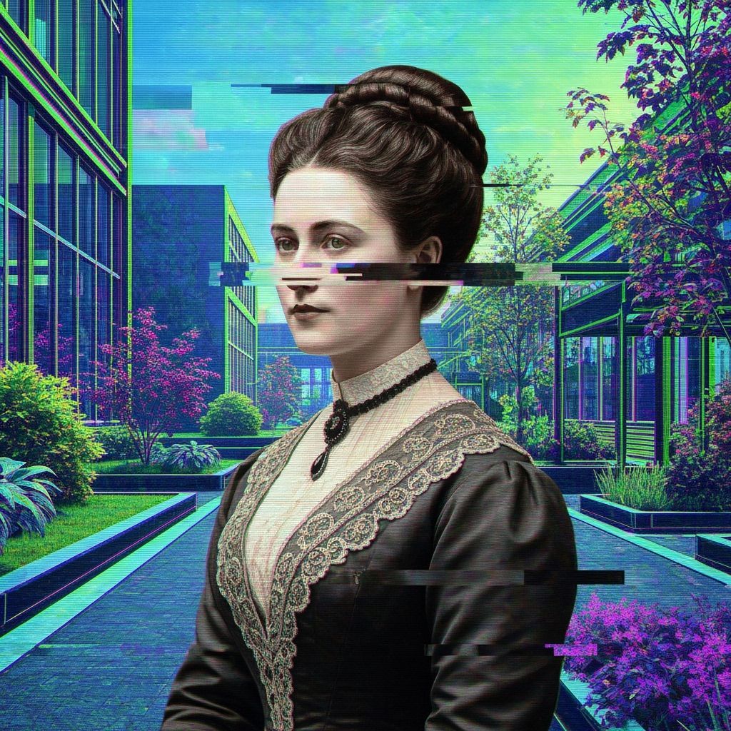 Glitchcore glitch art portrait of an Victorian woman glitching into a modern glitching urban garden