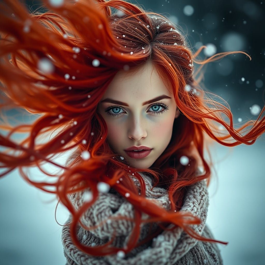 Radiant Red-Haired Woman in Snowy Dance