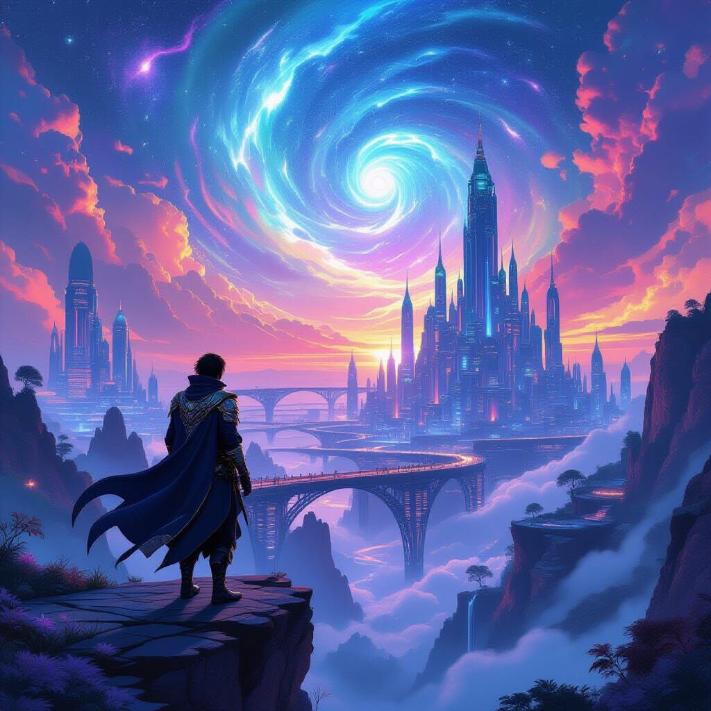 Psychedelic Manga Adventurer Overlooking Alien City