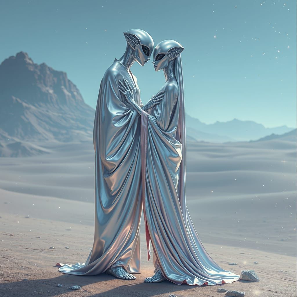 Chrome Lovers Embrace in Futuristic Desert Landscape