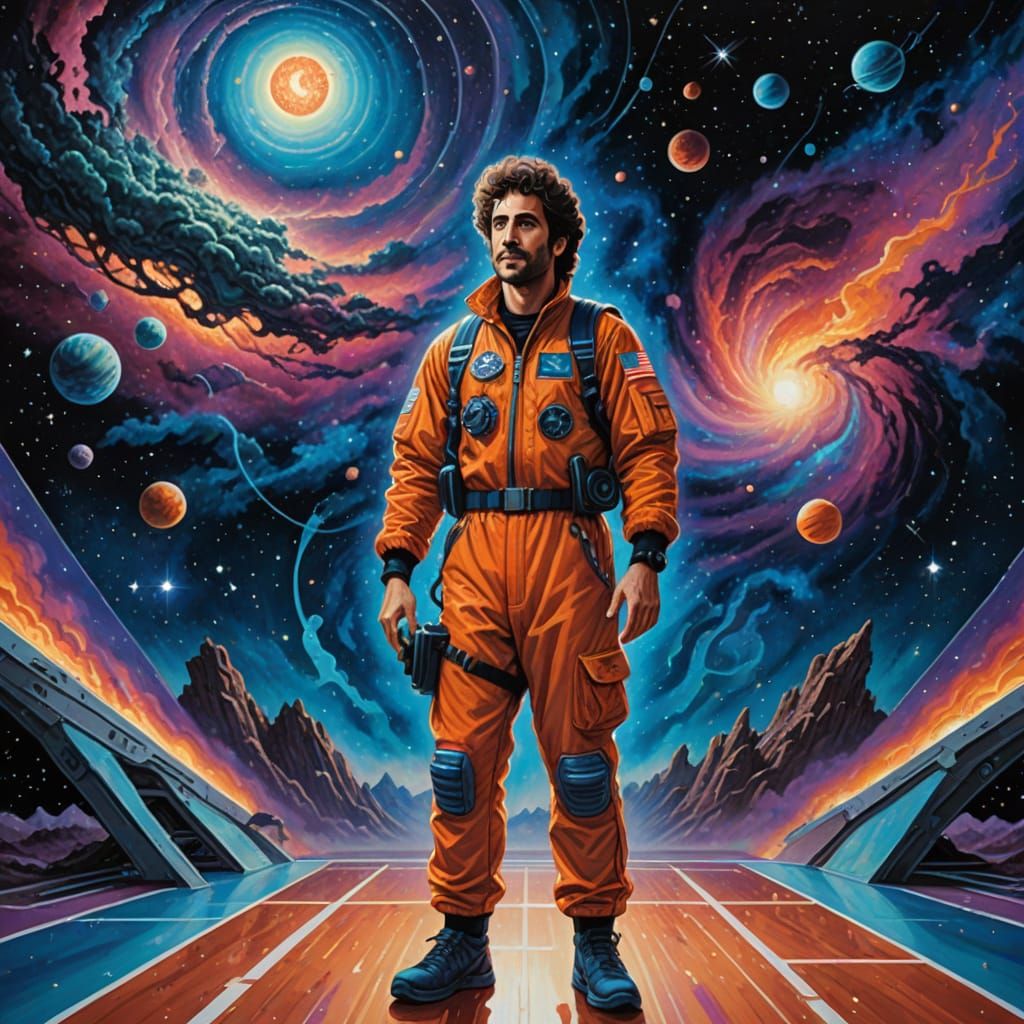Harold Ramis in Space, Vibrant Acrylic Painting