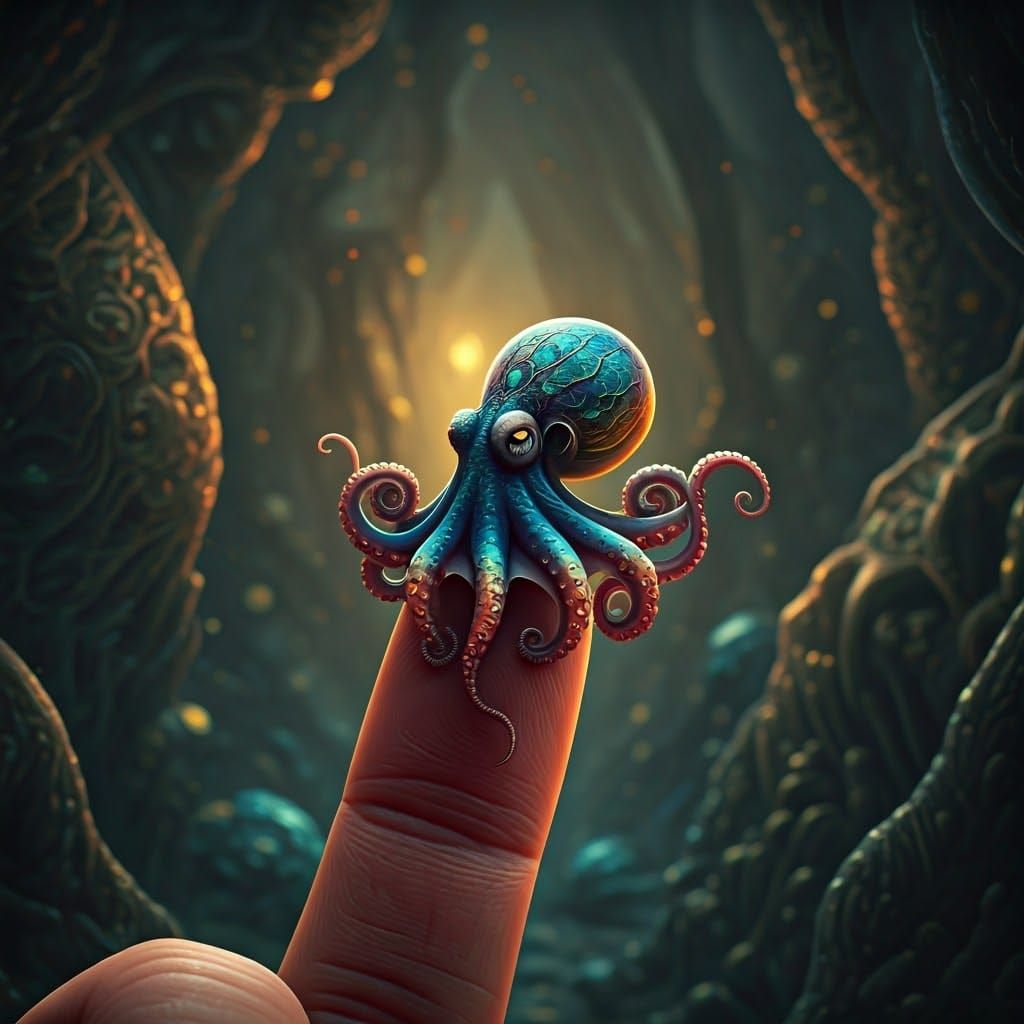 Miniature Octopus on Finger Tip in Biomechanical Style