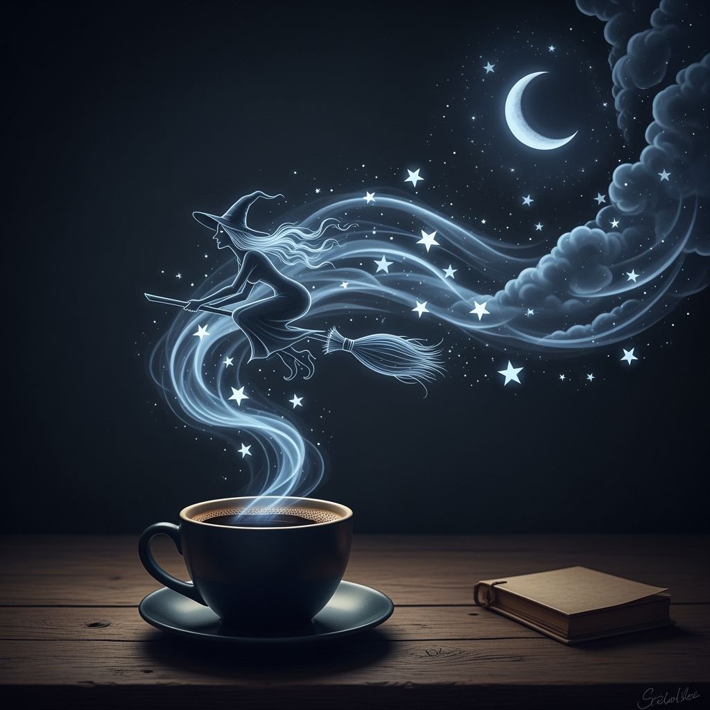 Enchanted Coffee Cup: Witch on a Broomstick in Gothic Fantas...