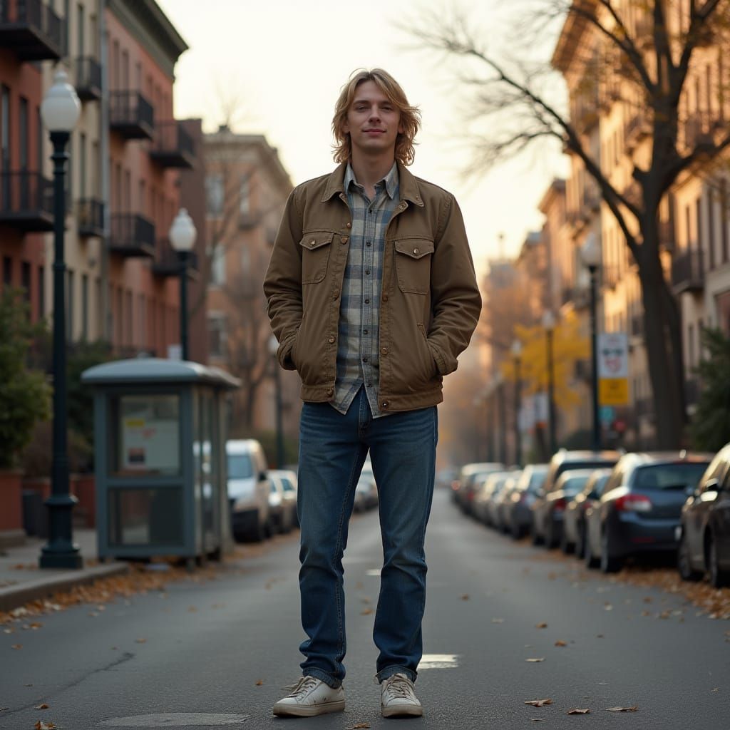 Hyperrealistic Photo of Man in Autumn Cityscape