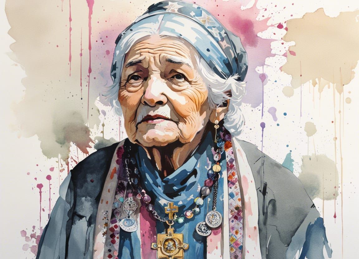 Italian Grandmother in Watercolor with Catholic Cross