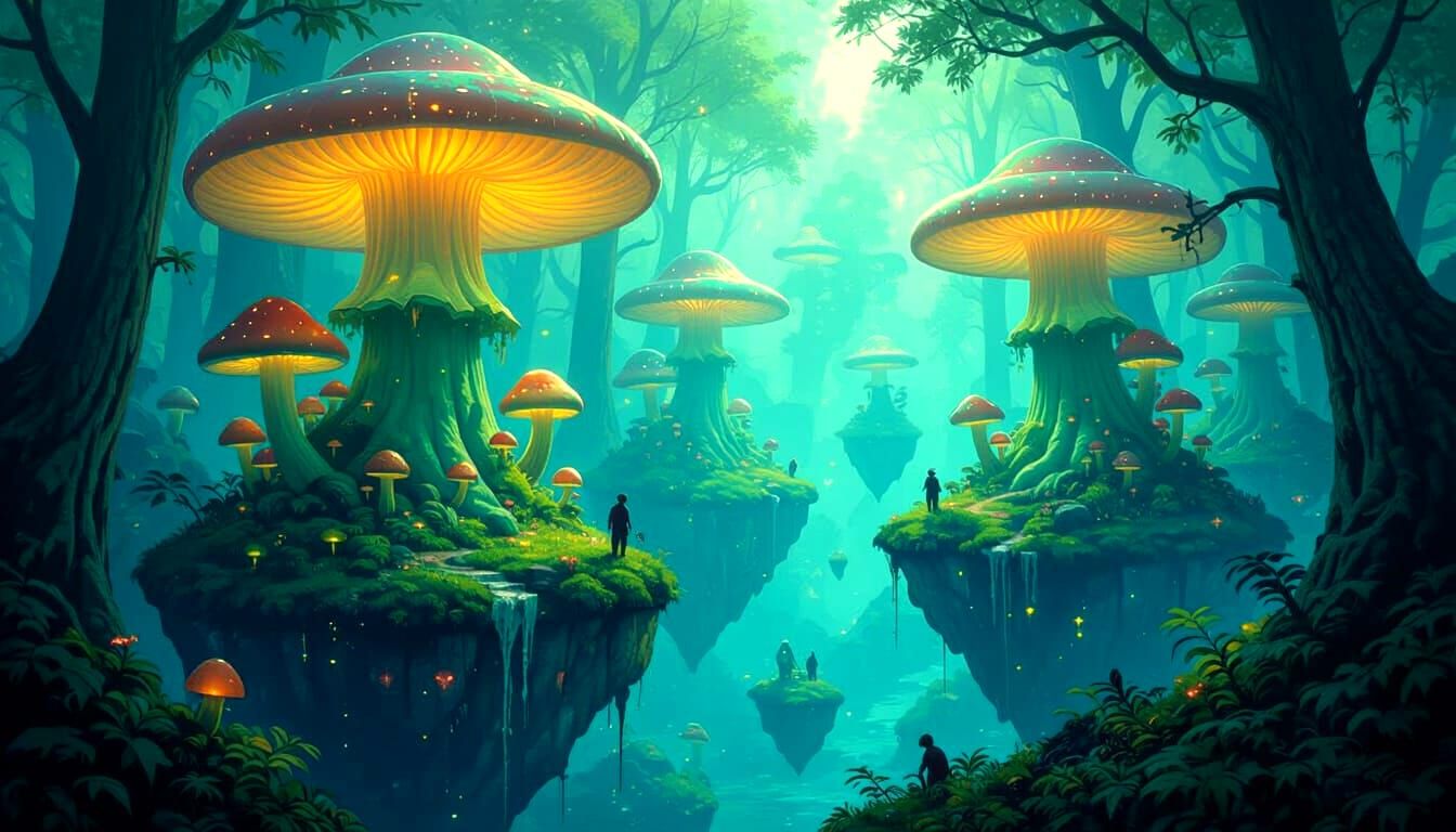 Magical Forest of Glowing Mushrooms on Floating Islands