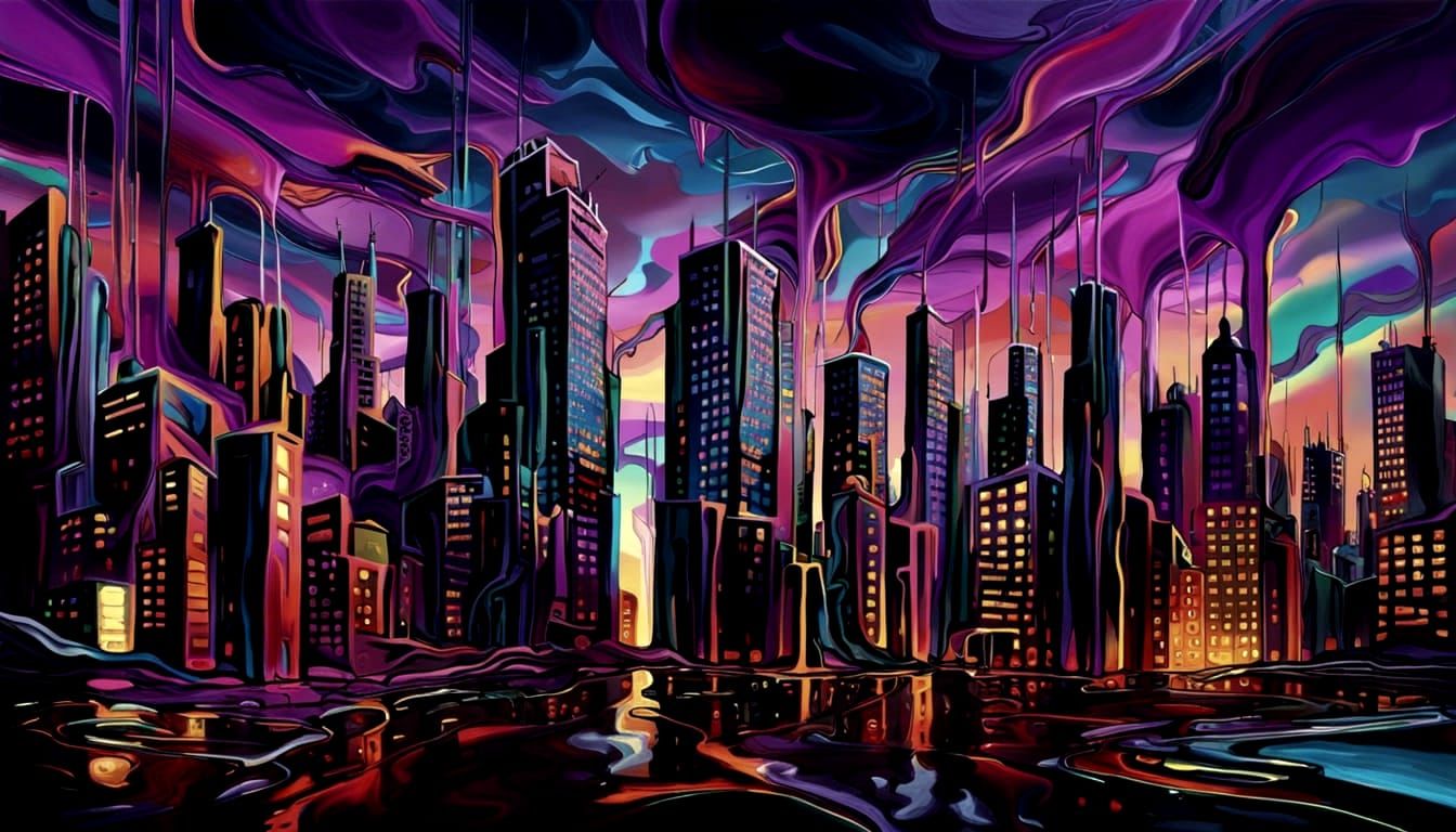 Surreal Noir Cityscape: Melting Metropolis in Dreamscape