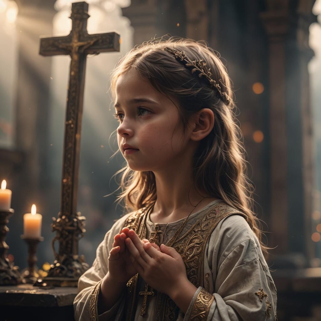 Girl Praying Before Cross in Warm Light