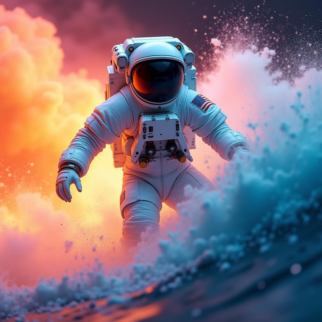 Astronaut Rides Rainbow Wave in Cosmic Scene